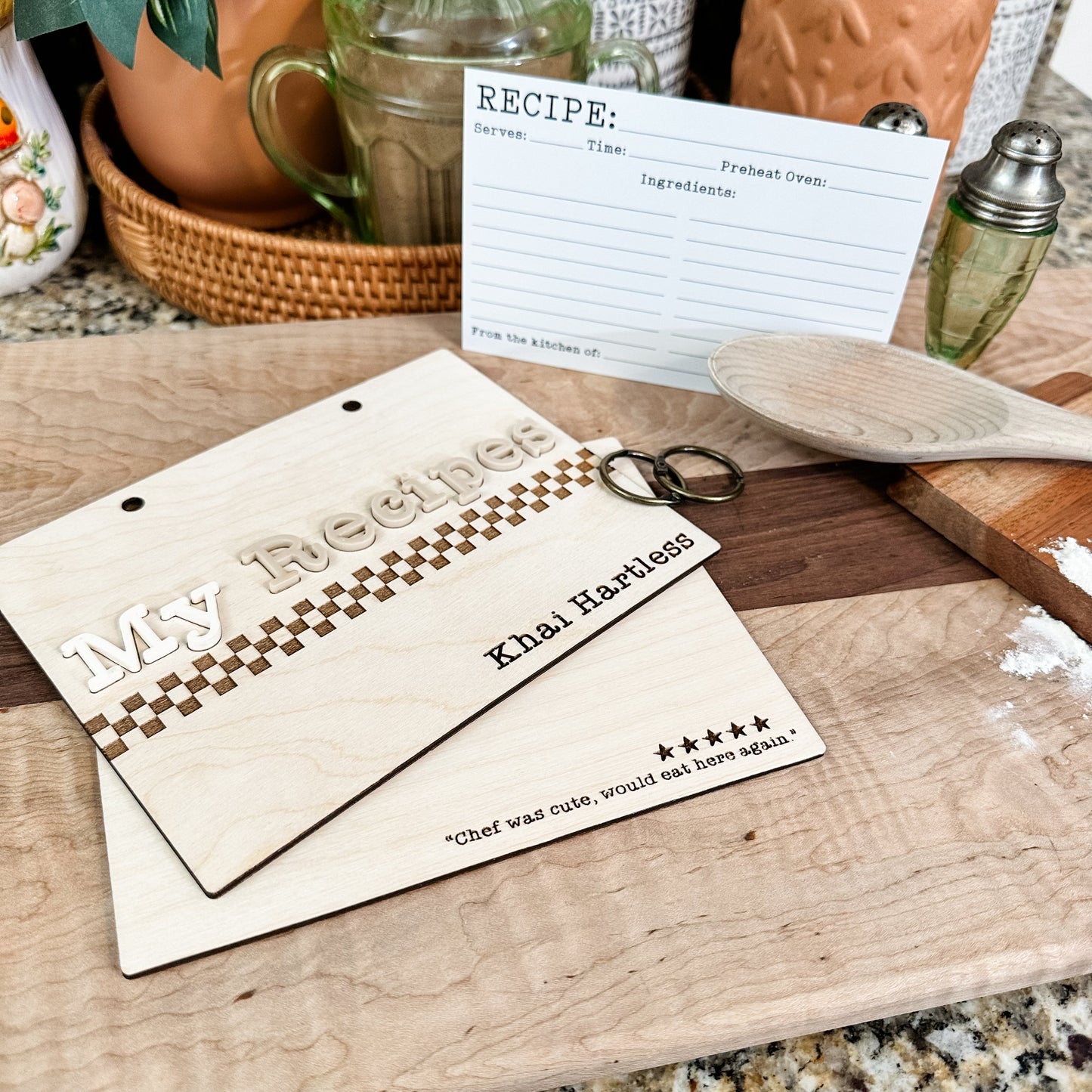 Wooden Checkered Personalized Cookbook Recipe Card Holder